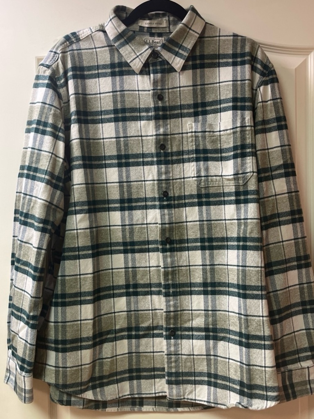L.L. Bean Men's Cream and Forest Green Plaid Button-Down Shirt